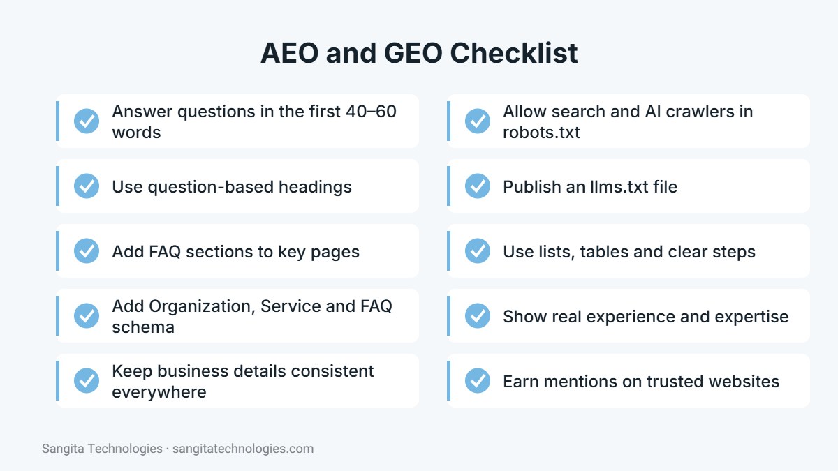 AEO and GEO checklist to appear in AI answers
