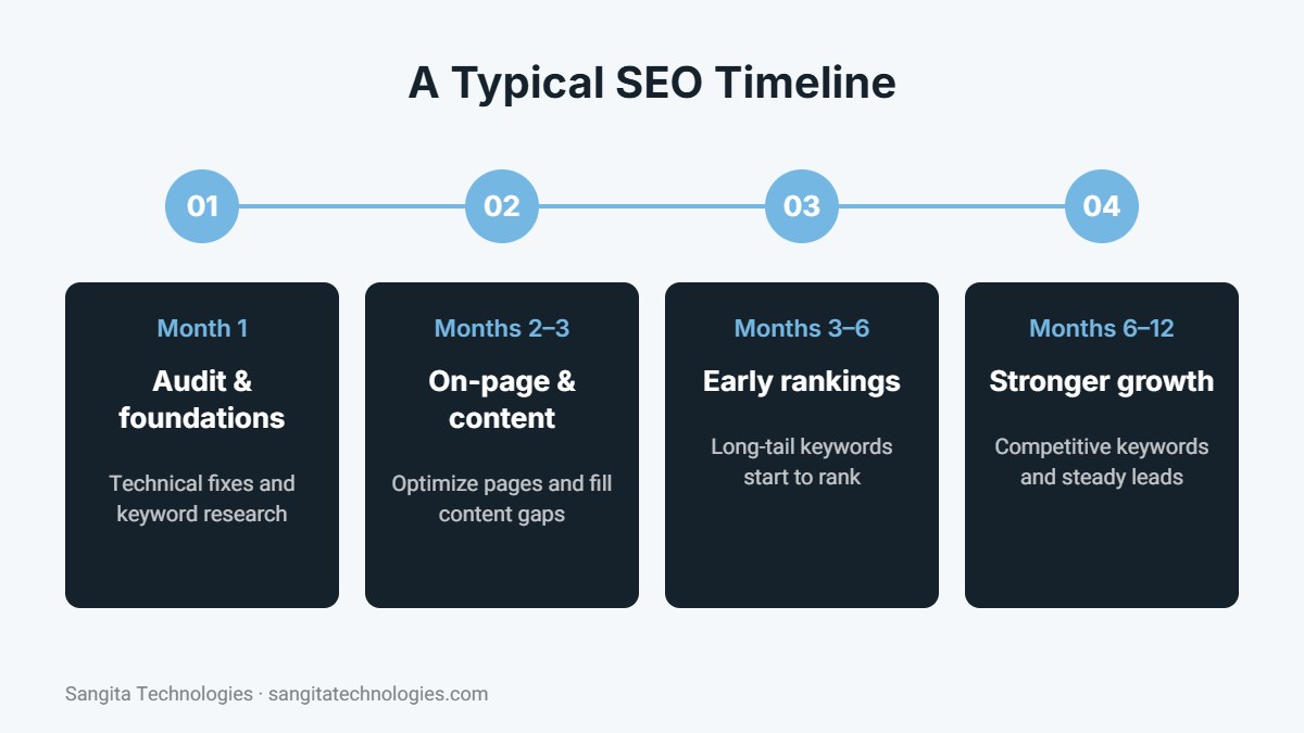 SEO timeline month by month: audit, on-page, early rankings and stronger growth